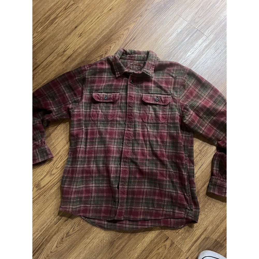 Orvis‎ Shirt Men Medium Brown Plaid Heavyweight Flannel Shacket Side Pockets